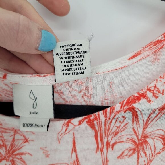 Joie womens medium white rusty orange red tropical print short sleeve linen top - Picture 5 of 9
